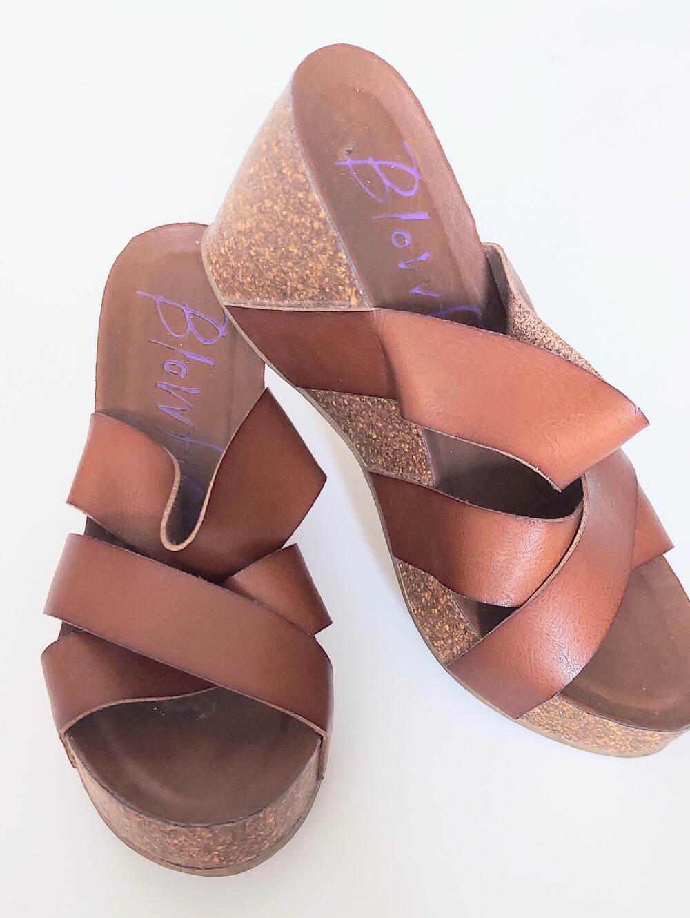 Blowfish Strappy Brown Slip On Cross Strap Open Toe Wedge Sandals Womens Size 10